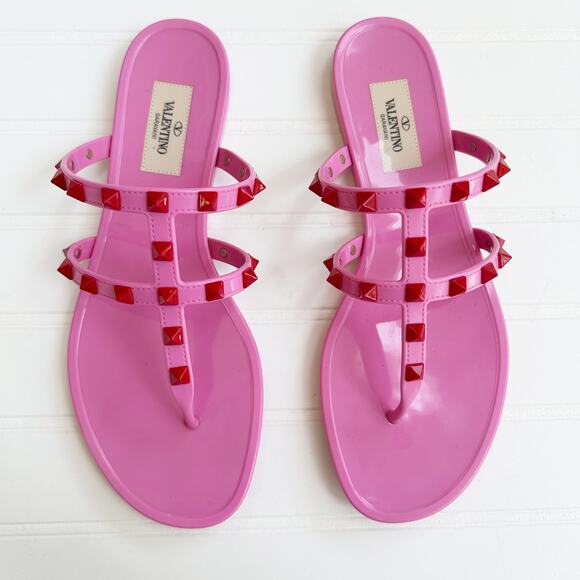 Valentino Garavani Shoes - Valentino Rockstud Rubber Jelly Sandal Slip On Flat Pink Red Stud Shiny Slide 38